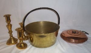 Brass panchion, pr brass candlesticks & 1 other & copper warming pan