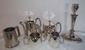 4 piece S.P tea set, S.P candlestick, S.P tankard