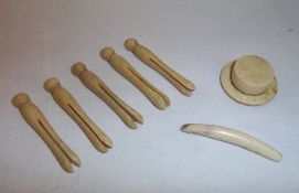 Sm. ivory tusk, rouge pot & 5 miniature clothes pegs