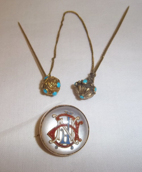 Gold & turquoise stick pin & 1 other similar stick pin & intaglio brooch/pendant with enamelled