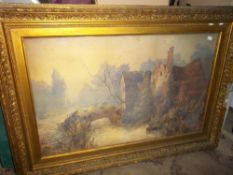 Gilt framed watercolour depicting country house with bridge over a river signed by the artist Rose