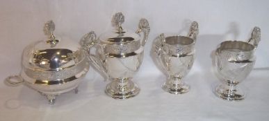 4 matching pieces S.P comprising jug, twin handled pot with internal drainer, twin handled