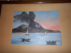 Framed watercolour `Vesuvious Erupting` dated 1914 with newspaper cuttings on reverse size approx.