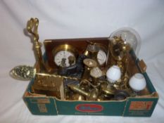 Sel. brass candlesticks, ornaments, horse brasses, torsion clock, carriage clock etc.