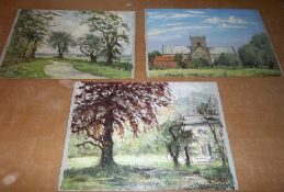 3 unframed oils on board by Clive Browne depicting `Stow Church`, `Road To Welton` & 1 other size