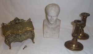 French brass trinket pot, parian bust of Napoleon & pr of sm. brass candlesticks
