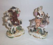 Pr early 19th c. figurines lady riding a goat with 2 babies on her back with gilt dec. & man