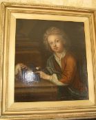 Gilt framed oil on canvas depicting 3/4 length portrait of young boy with dog size approx. 53cm x