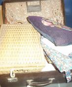 Suitcase containing sewing items, ladies gloves, material etc.