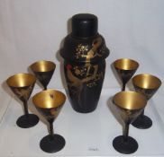 Japanese gilt lacquered cocktail set comprising 6 goblets & cocktail shaker