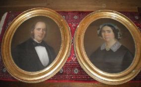 Pr French oval framed pastels depicting 19th c. half length portraits one with indistinct
