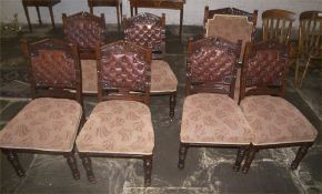 Set 6 Vict. mah. dining chairs with buttoned leather back rest & tapestry style upholstered seats