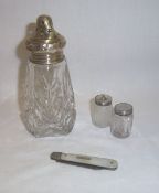 Cut glass sugar sifter with silver top Birm. 1856, silver fruit knife with mother of pearl