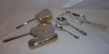3 piece S.P dressing table set, S.P crumb scoop & 2 white metal spoons ( 1 marked sterling)