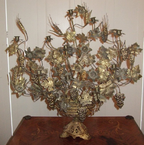 Gilt metal candle centrepiece featuring vine leaves, grapes & wheat