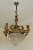 Art Nouveau style plaffonier with elaborate gilt metal fixings & frosted glass shade