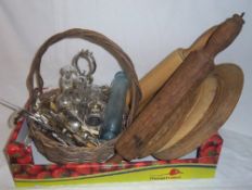 Sel. wooden bread boards, 2 wooden rolling pins, sel. S.P cutlery, S.P condiment stand with cut