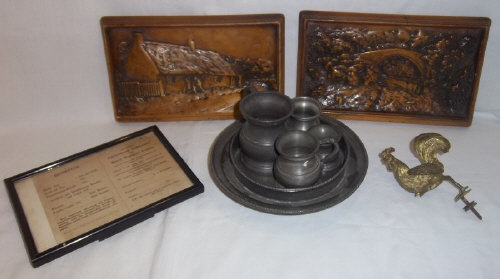 Brass cockerel finial & sel. sm. pewter measures on pewter tray with claw feet