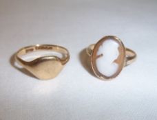 9ct gold signet ring & 9ct gold cameo ring