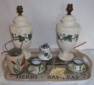 2 decorative lamp bases & matching table lighter, pr Continental coffee cups & saucers, opaque glass