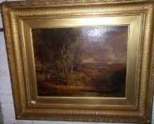 Gilt framed oil on canvas depicting country scene with indistinct signature size approx. 44cm x