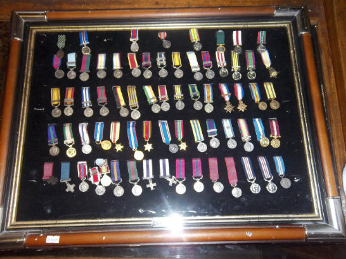 Framed sel. British miniature campaign & gallantry medals etc.