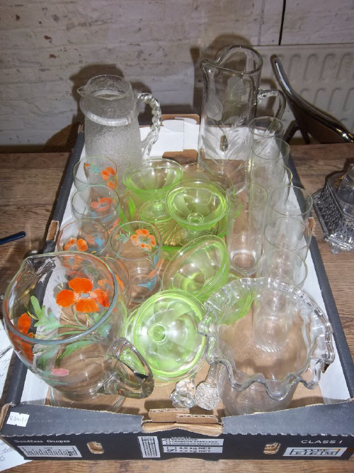 2 glass water sets, glass fruit set, crackle glass vase & 2 glass knife rests etc.
