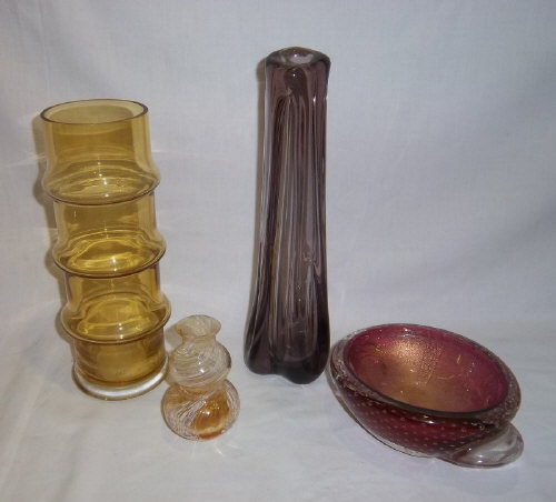 Glass vase in the Riihimaen style, bubble glass ashtray with internal gold leaf, Caithness vase &