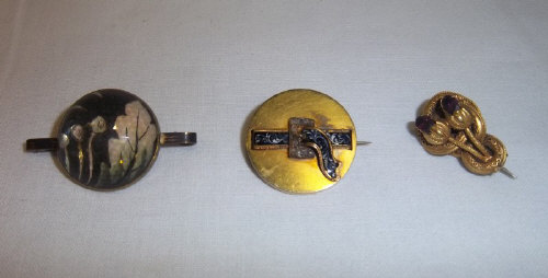Intaglio brooch, brooch with belt & buckle design & brooch with double flower bud & amethyst stones