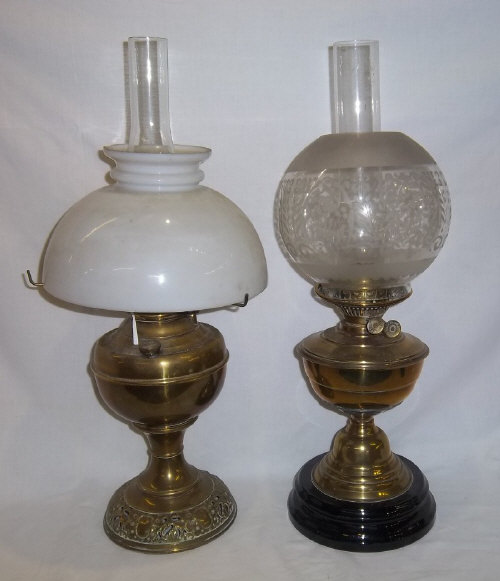 Brass paraffin lamp with opaque glass shade & brass parafin lamp with etched glass shade