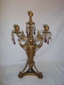 Gilt metal 3 branch candelabra with amethyst glass droplets & clear glass swags