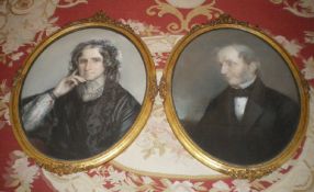 Pr 19th c. half length pastel portraits depicting man & woman in decorative oval gilt frames size
