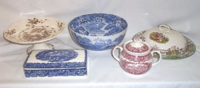 Copeland Spode blue & white bowl, Copeland Spode `Byron" patt. lidded dish, Mason`s butter dish, sm.