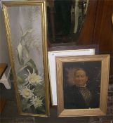 Lg. gilt framed oil on canvas depicting flowers, gilt framed portrait & oak framed print `Mother &