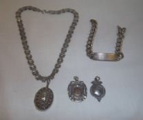 2 silver fobs, silver locket on fancy Continental chain, part silver identity bracelet