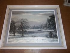 Framed oil on board depicting wintry landscape signed by the artist Clive Browne size approx. 39cm x