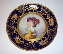 Cabinet plate with central portrait of the Duchess of Devonshire within gilded border on cobalt