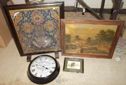 Glazed fire screen, framed print & 1 other & clock