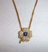 18ct gold diamond & sapphire set clover pendant on 18ct gold chain