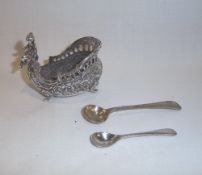 Silver salt in the form of a chariot with cherub Chester 1889 & 2 salt spoons