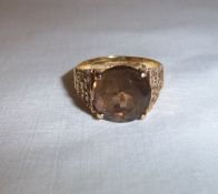 9ct gold bark effect ring with smokey quartz