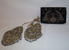 Pr of beaded wall pockets & velvet evening bag with embroidered peacock design