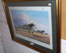 Gilt framed print `Eagles Squadron Scramble` by Robert Taylor signed in pencil by the pilot