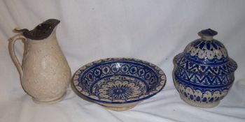 Earthenware blue & white bowl & lidded jar & jug with moulded dec. & pewter lid with registration