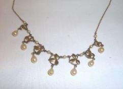 Necklace with ivy leaf and simulated pearl droplets