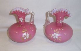 Pr opaque glass squat jugs with hand-painted enamel dec.