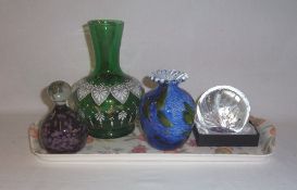 Selkirk paperweight (boxed), Mdina paperweight, sm. Guernsey Glass vase with frilled edge & green