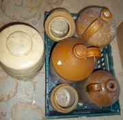 Sel. stoneware flagons, water filter & 2 pots