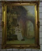 Gilt framed oil on canvas of lady in garden signed by the artist `Schuller` size approx. 44cm x 59.