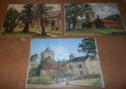 3 unframed oils on board by Clive Browne depicting `Ashby Cum Fenby Church` & two views of `Waltham`